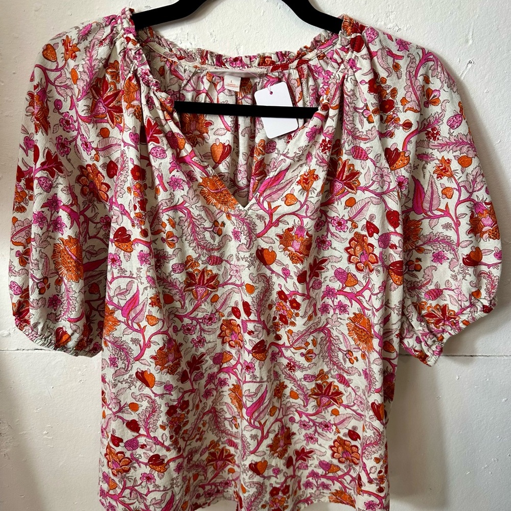 Floral V-Neck Blouse - Pink and Orange